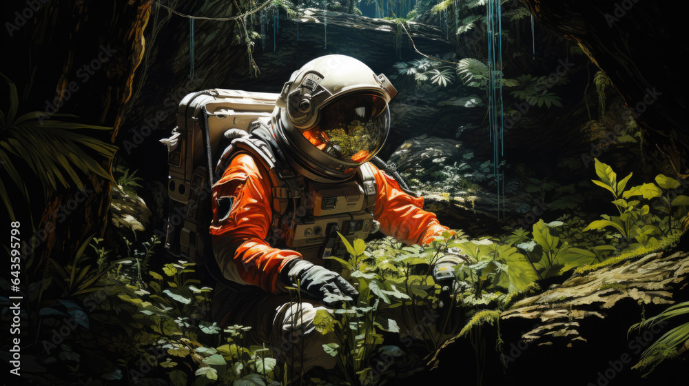 Fototapeta premium an astronaut in the green jungle