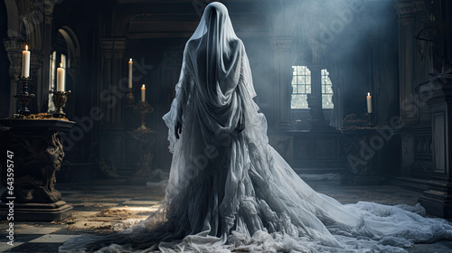 a woman in a long white dress disguised as a ghost in a dark, ramshackle room