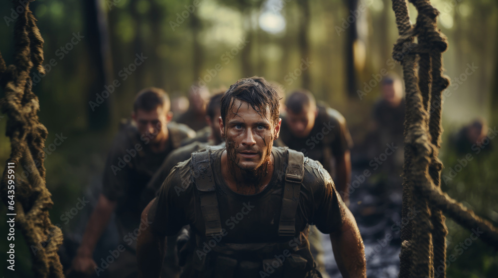 Group of soldiers walking through the woods in boot camp. Group of soldiers walking through the woods in boot camp.