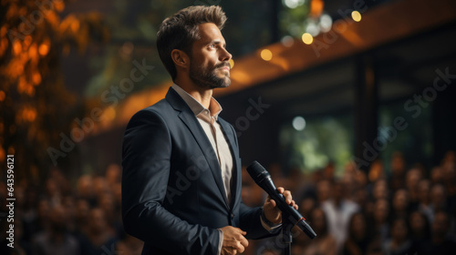Handsome businessman speaking on stage in a conference hall or auditorium.
