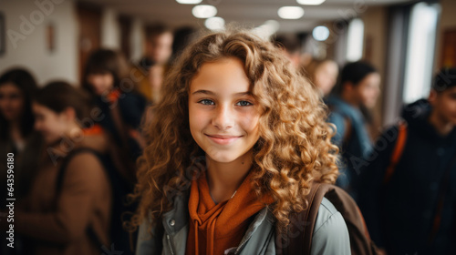 Portrait of a beautiful young girl with curly hair, school student walking along hallway.