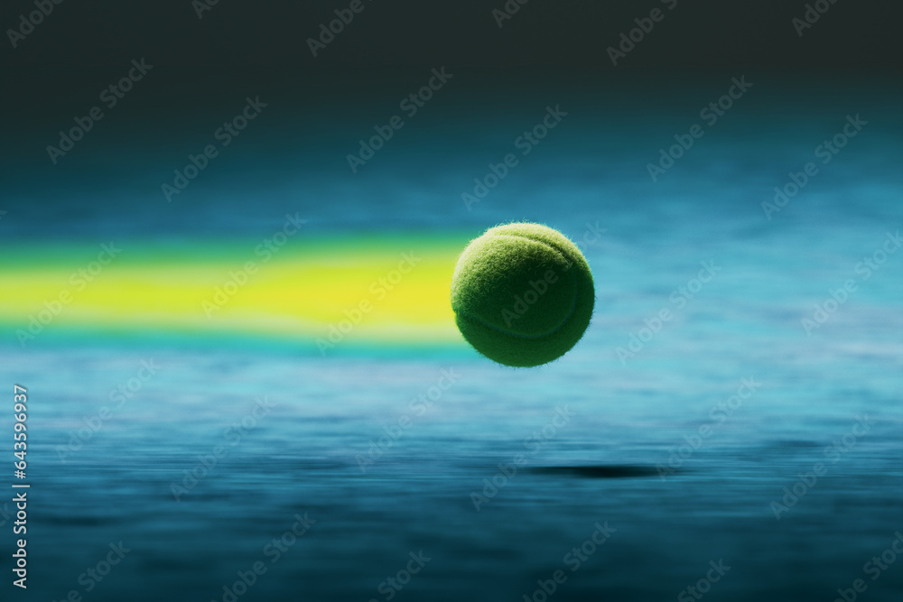 A tennis ball flying through the air at high speed, leaving a trail behind it.