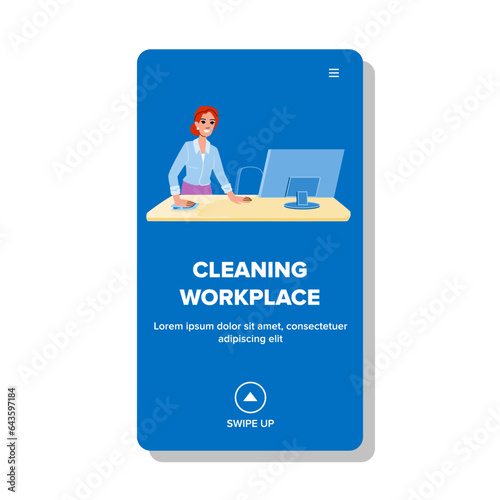 hygiene cleaning workplace vector. janitor cleaner, woman desk, professional house hygiene cleaning workplace web flat cartoon illustration