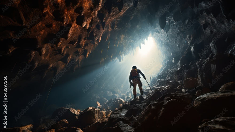 Silhouette adventurers man climbing in the great cave.