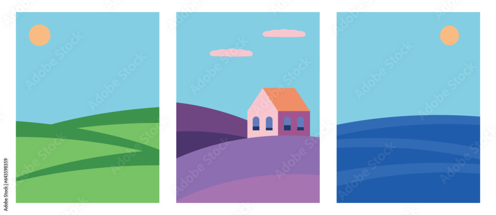 Set of abstract landscapes in a minimalistic style sun, sky, sea, lavender field , house, clouds. Vector illustration.