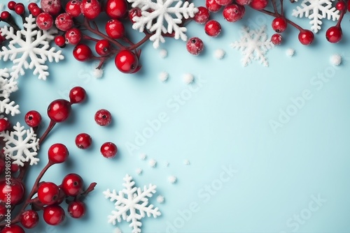 Christmas or winter composition. Frame made of snowflakes and red berries on pastel blue background. Christmas, winter, new year concept. Flat lay, top view, copy space. generative ai.