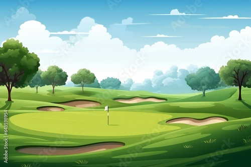 Countryside golf course with flags, greens and sand bunker. banner