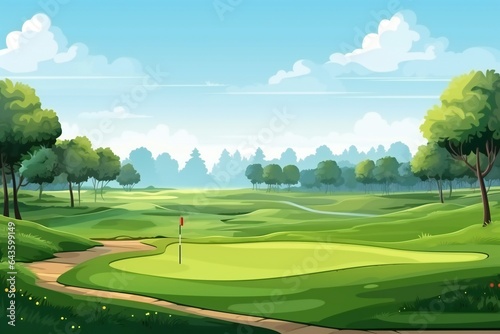 Countryside golf course with flags, greens and sand bunker. banner