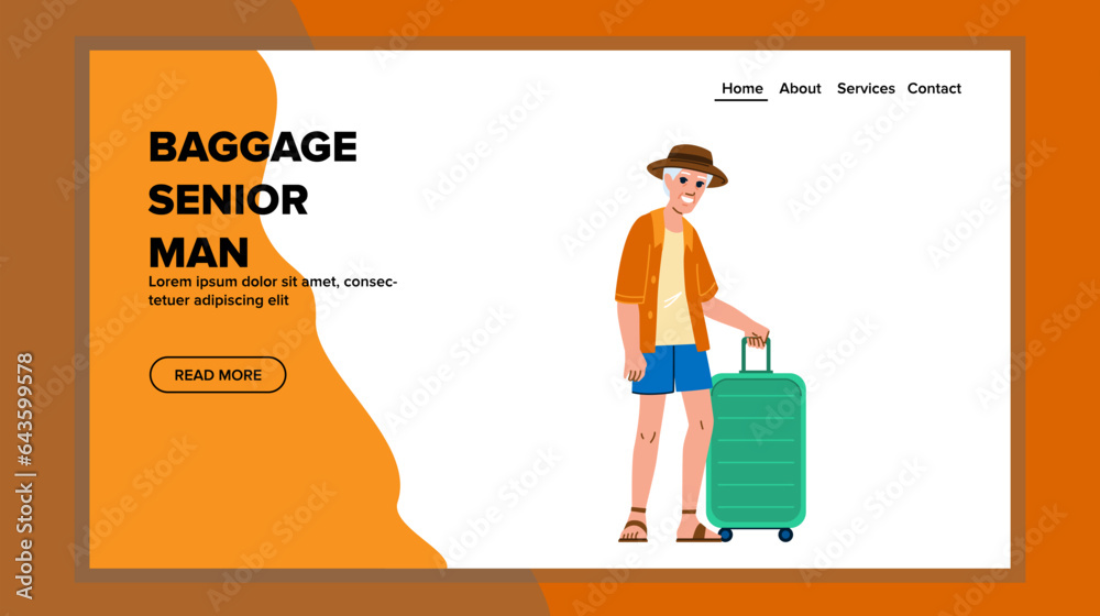 travel baggage senior man vector. vacation old, suitcase luggage, adult elderly travel baggage senior man web flat cartoon illustration