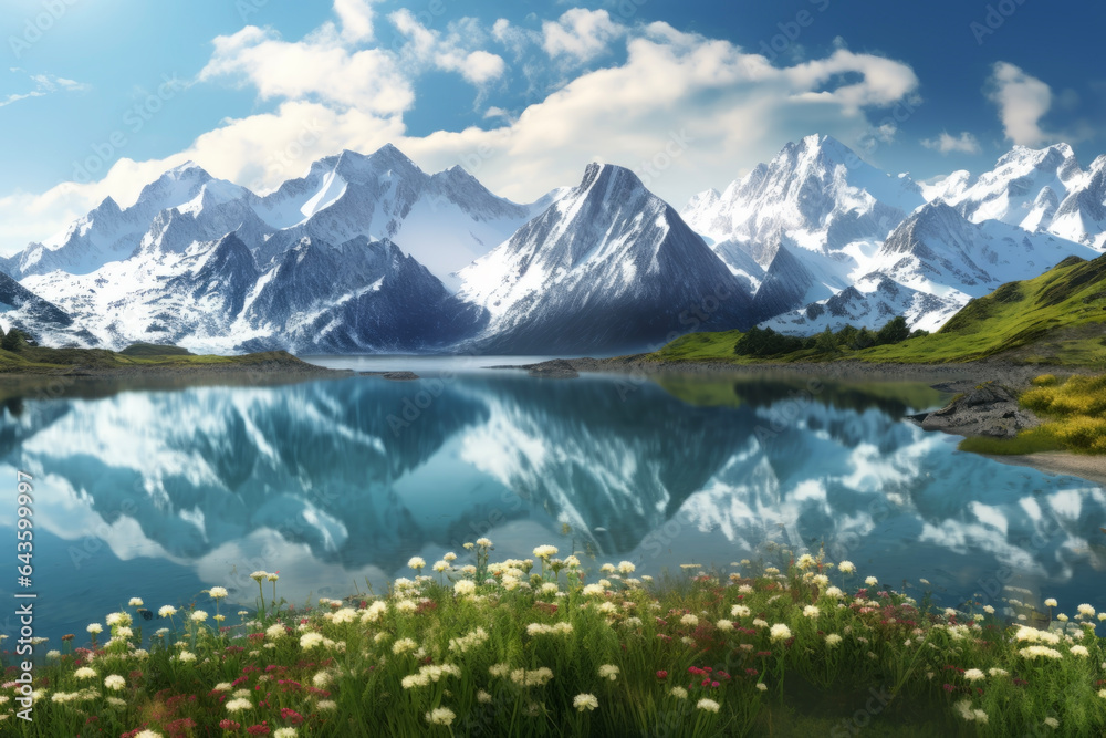 A close -up of a beautiful lake and a flower reflected in the snowy mountains. The background of the sky and fantastic clouds. A landscape concept suitable for nature and the environment.