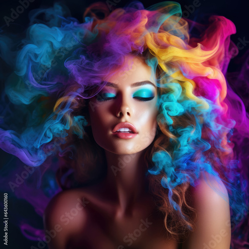 Fashion art portrait of beauty model woman in bright lights with colorful smoke