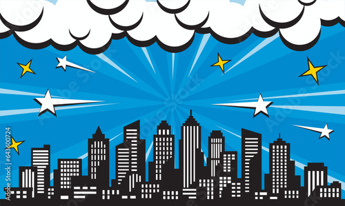 pop art comic background with city silhouette and cloud illustration. flat comic style background