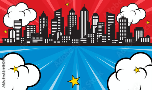 pop art comic background with city silhouette and cloud illustration. flat comic style background