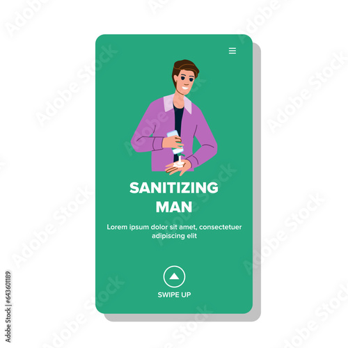 coronavirus sanitizing man vector. sanitize virus, antibacterial covid, gel spray coronavirus sanitizing man web flat cartoon illustration