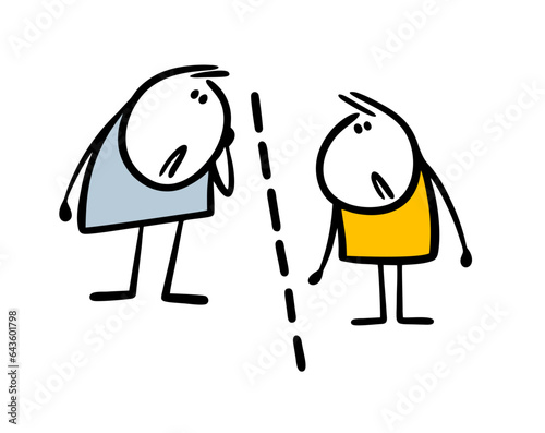 Two family members are separated by a border. Vector illustration the dotted line divides the country into parts and separates people, relatives. Funny cartoon character isolated on white background.