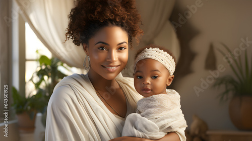 Black scin beautiful mouther and daughter on the light white kitchen photo