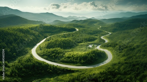 Road in mountains, scenic landscape view from high angle, generative ai