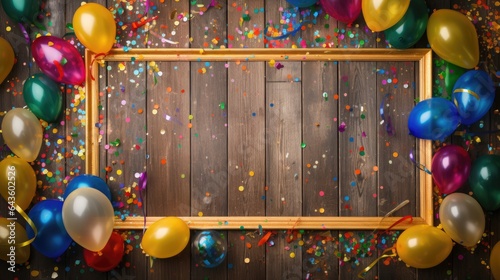 Party frame, Birthday wish background, wooden board with colorful balloons with confetti. generative ai