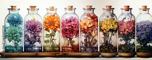 Watercolor, glass bottles with flowers, on a white background.