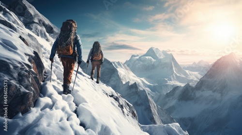 Two mountaineers on the snowy moutains in the evening, walks in Dangorous path, generative ai