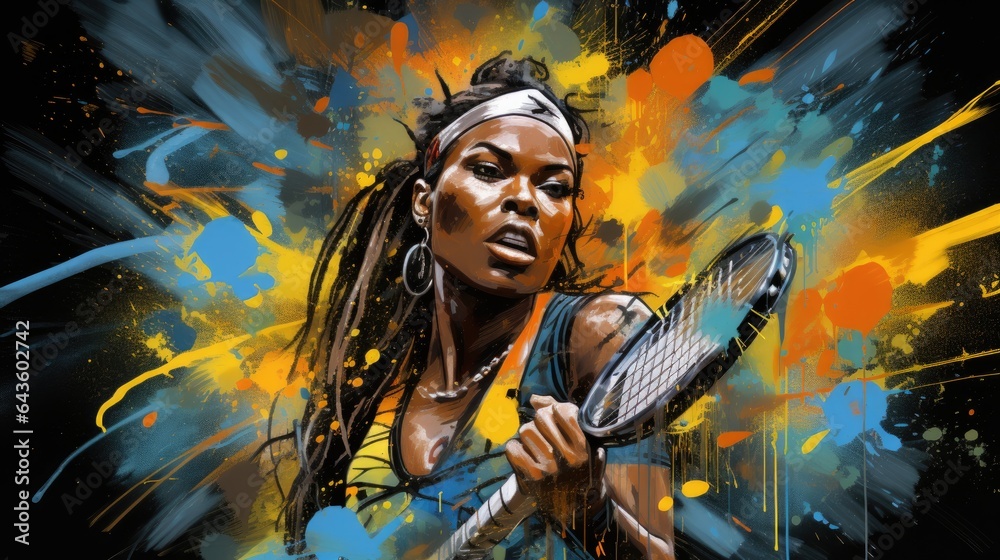African American female tennis player painting, a black woman playing tennis, tennis racket in hand, a colorful painting of a female tennis player, generative ai