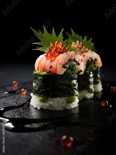 Sushi on the table, fresh raw tuna on yop with caviar, Japanese cuisine, generative ai photo