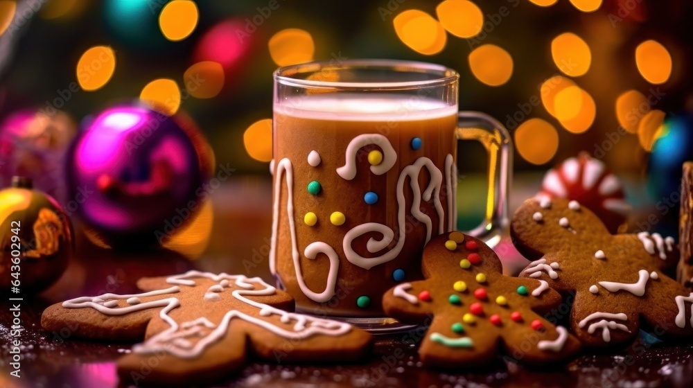 Cup of hot chocolate with gingerbread man and Christmas decorations on bokeh background. Christmas Concept with Copy Space.