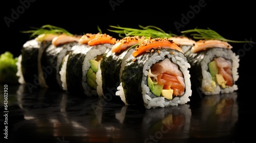 Sushi Rolls, an artful creation from Japan, sushi rolls offer a symphony of flavors, sheets of nori enveloping rice, fish, and veggies, generative ai