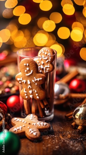 Christmas gingerbread cookies and hot Milk with marshmallows on bokeh background. Christmas Concept with Copy Space.