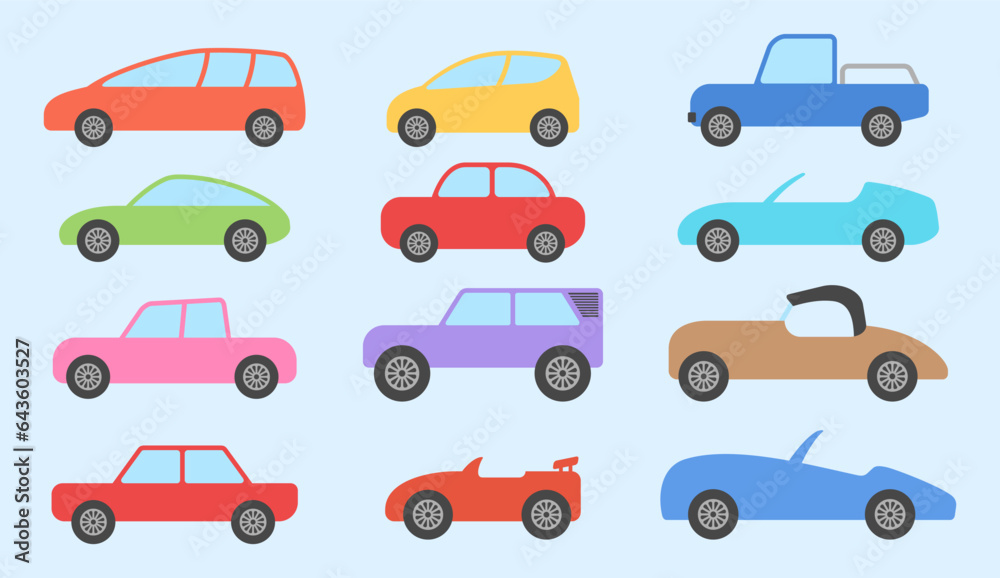 Vector Illustration of Various Car in Flat Cartoon Style. Cute Vehicle Collection