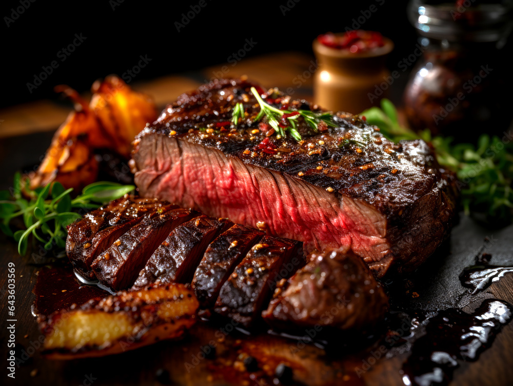 Rare cooking level Sirloin steak with spices and herbs. Classic grilled meat cut ready to eat. AI generated Rare cooking level Sirloin steak with spices and herbs. Classic grilled meat cut ready to eat. AI generated