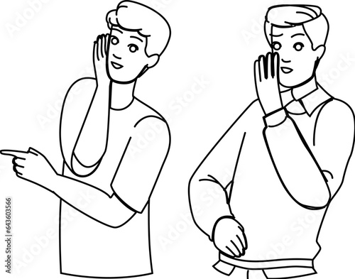 young whispering man vector. whisper gossip, secret wo, telling portrait young whispering man character. people black line illustration
