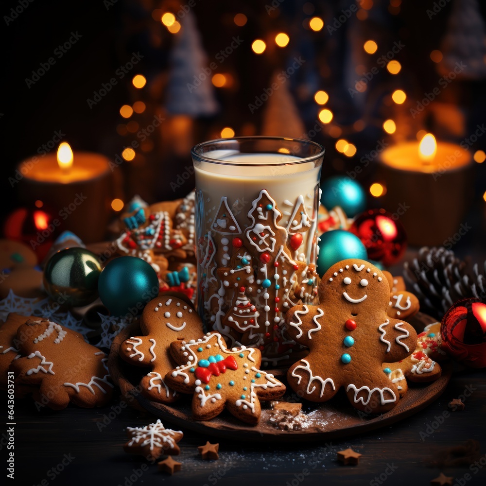 Cup of hot  cocoa with gingerbread man and christmas tree on background. Christmas Concept with Copy Space.