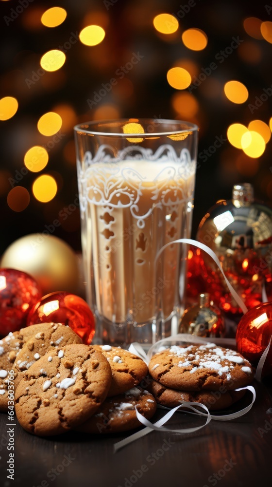Cup of hot chocolate with gingerbread man and Christmas decorations on bokeh background. Christmas Concept with Copy Space.