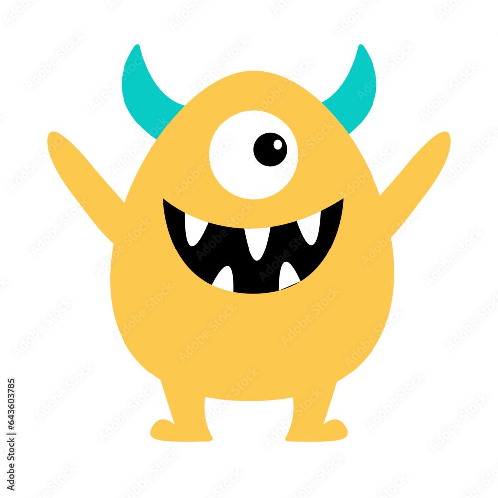 Cute monster. Happy Halloween. Head face with horns, teeth. Yellow silhouette monsters. Cartoon kawaii funny boo character. T-shirt design. Childish baby collection. White background. Flat design.