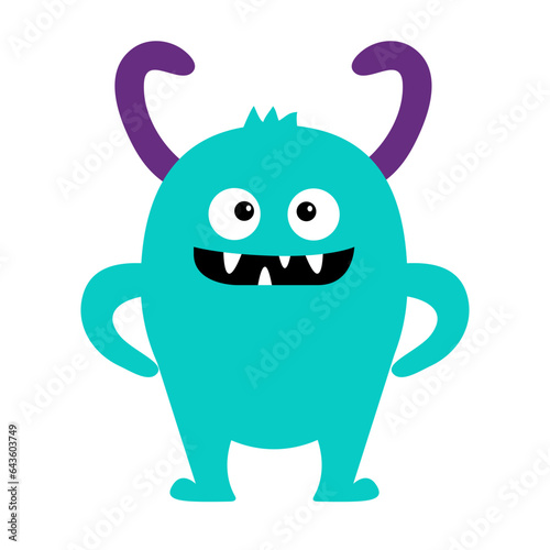 Cute monster. Happy Halloween. Head face with horns, fangs. Blue silhouette monsters. Cartoon kawaii funny boo character. Childish baby collection. T-shirt design. White background. Flat design.
