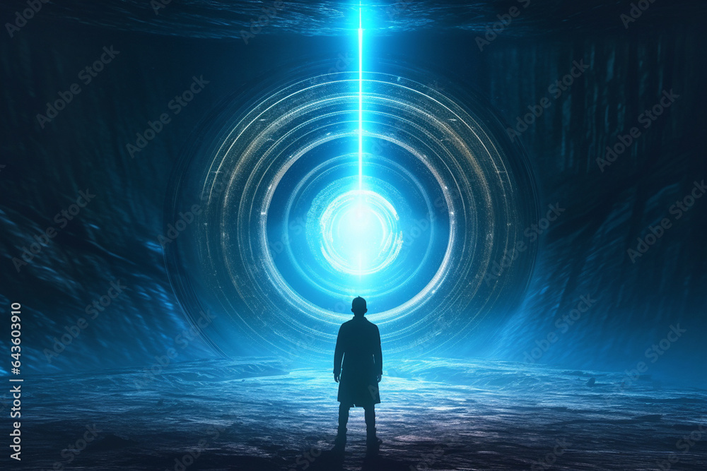 Man standing in the dark tunnel with glowing light. Futuristic concept - obrazy, fototapety, plakaty 