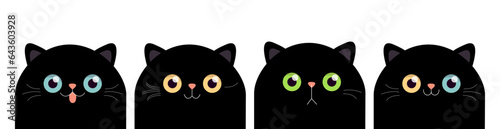Black cat set. Face head silhouette. Blue, yellow, green eyes. Cute cartoon baby character. Kawaii pet animal. Pink nose, ears, tongue. Funny kitten. Sticker print. Flat design. White background.