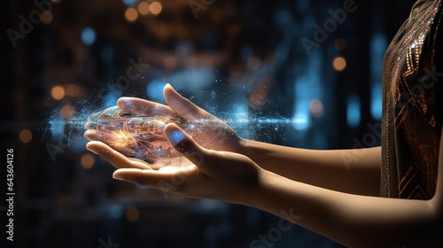 A woman's hand touching the metaverse universe, a conceptual digital transformation.Futuristic innovative technologies