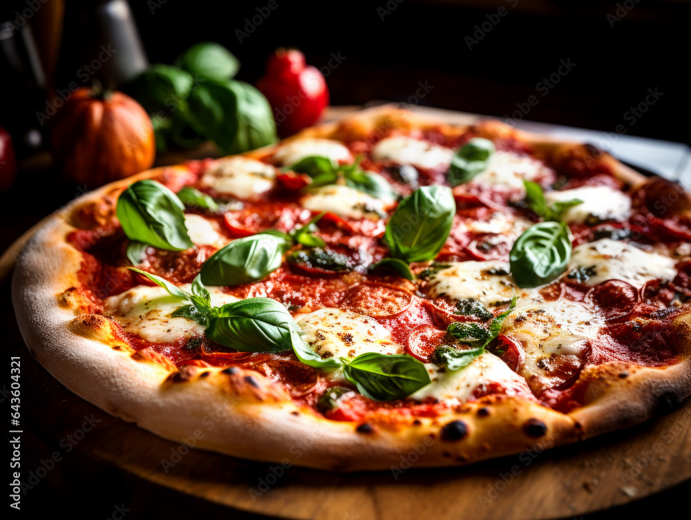 Slice of hot pizza large cheese lunch or dinner crust seafood meat topping sauce . AI generated