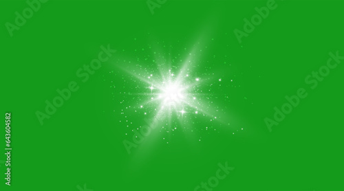 Effect of glowing star lights, flares, explosion and stars. Special effect isolated on transparent background. The effect of sparkling white dust on a green background. Flash vector. Len glitter