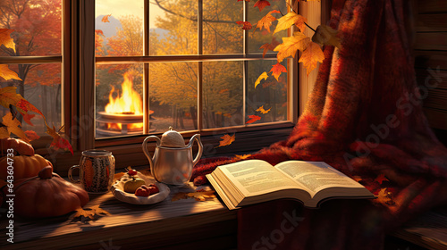 Autumn cozy mood. Fall cozy reading nook with a blanket, bookshelf filled with autumn-themed books, and a cup of tea or hot chocolate.