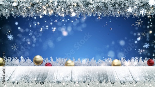 Christmas glittering glowing snowflakes particles and bokeh lights falling shiny background with top wooden table.