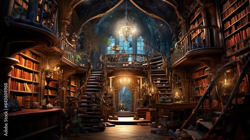 A wonderful fantastic old library full of magical books © LELISAT