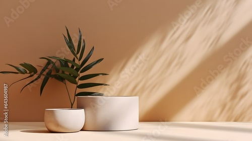 Unobtrusive background with plant and shadow on the wall. Empty showcase  podium  stand for advertising and product presentation. Mock up for exhibitions objects  relaxation and health. AI Generated