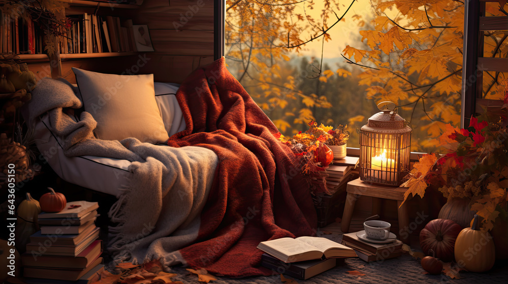 Autumn cozy mood. Fall cozy reading nook with a blanket, bookshelf filled with autumn-themed books, and a cup of tea or hot chocolate.