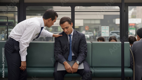 European businessman sleeps on public transportation and is awakened by conductor upon arrival at final station