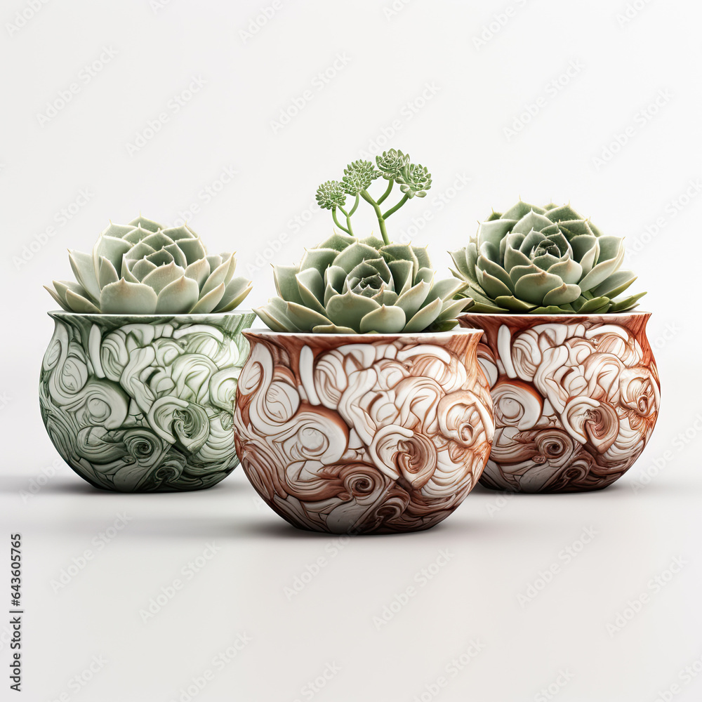 3 ceramic pots decorated with succulents on a white background
3 ceramic pots decorated with succulents on a white background