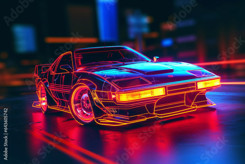 Retro car in neon light on dark background. 3d rendering