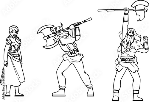 viking warrior vector. battle ancient, sword war, barbarian shield, helmet history, armor boat viking warrior character. people black line illustration